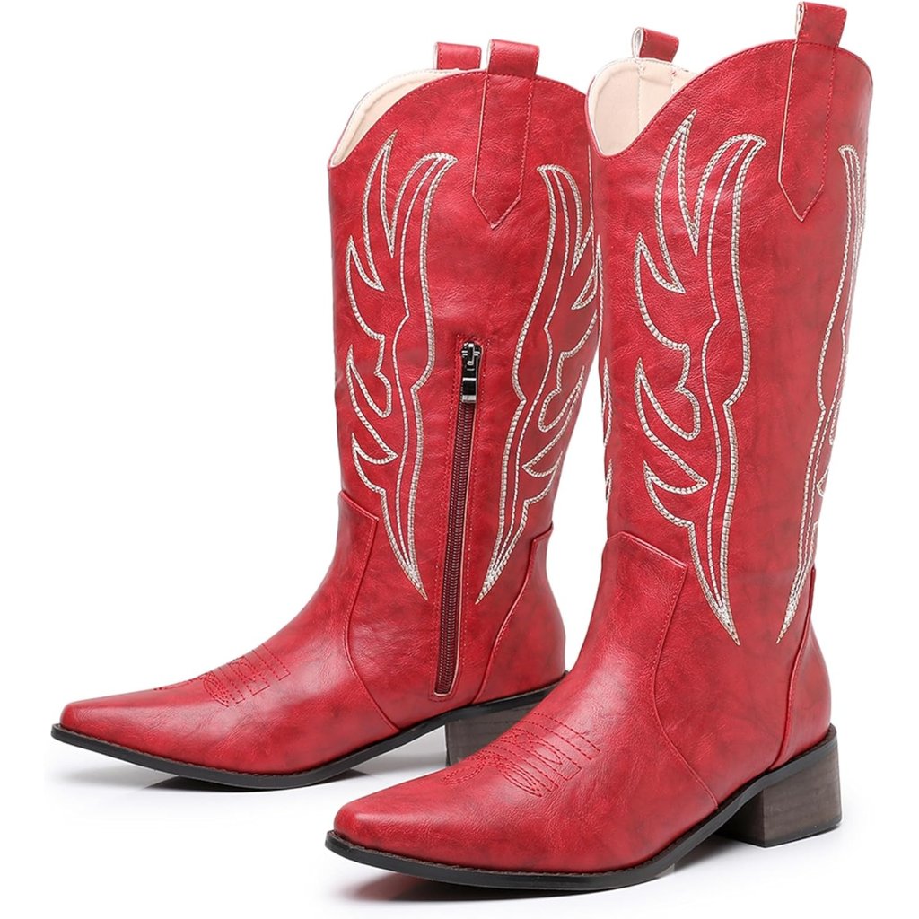 Women's Red Western Toe Chunky Heel Boots Mid Calf Embroidered Side Zip